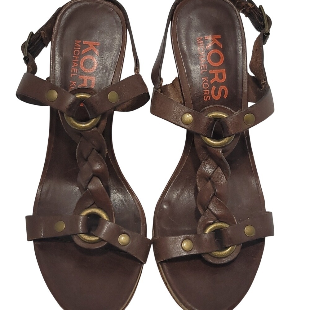 KORS Michael Kors Brown Leather‎ Braided T-Strap Cork Cone Heel Sandals 5.5M